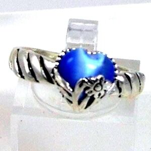 Vintage Designer Sterling Silver Blue Cat's Eye Heart Ring Size 8.25 Chrysoberyl